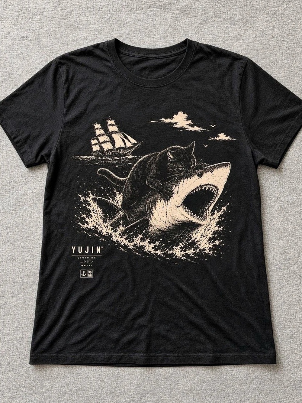 Yujin Clothing Shark Attack Cat T-Shirt Black Graphic Tee